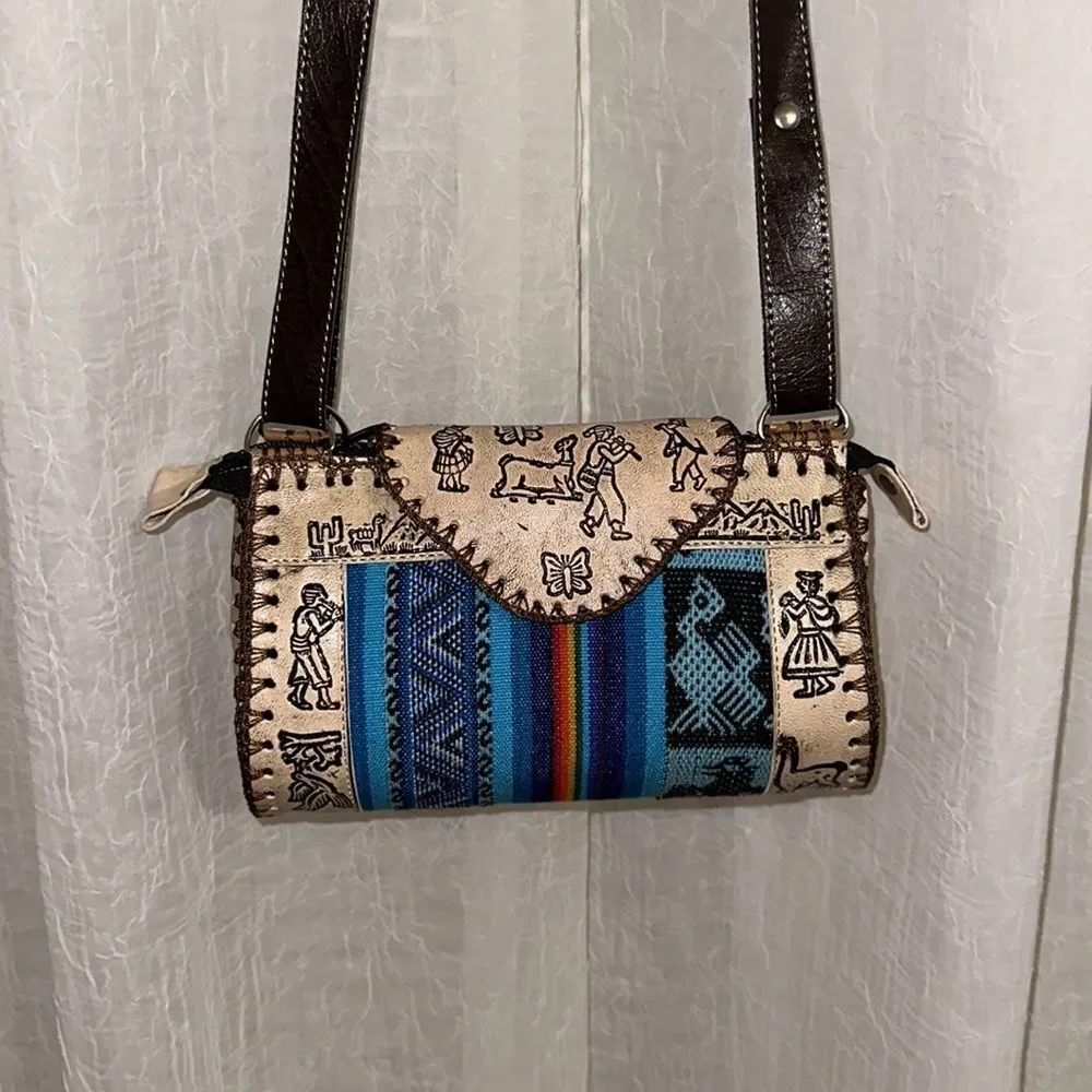 Peruvian Genuine Tooled Graphic Leather Stripe Mini Crossbody Bag